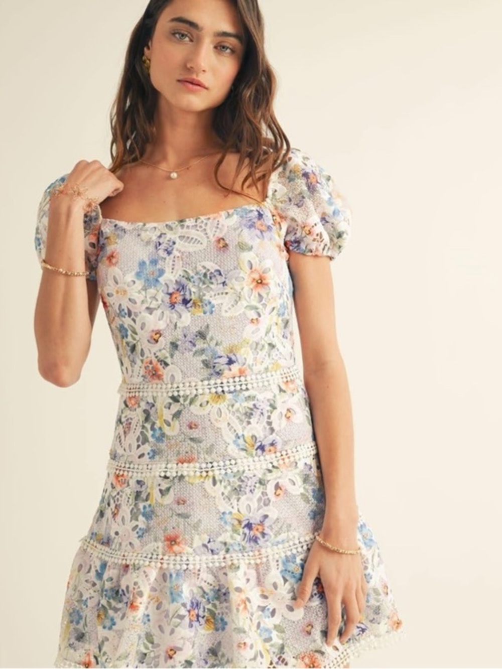 Just me Floral Lace Tiered Mini violet dress size M nwt